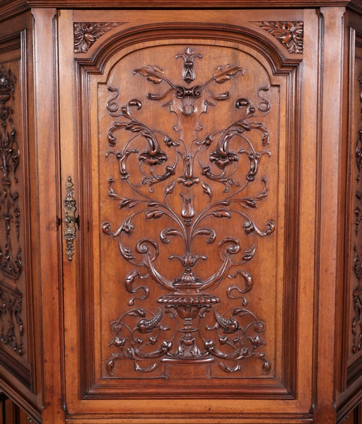 71" Tall Antique French Solid Walnut Wood Highly Carved Renaissance Cabinet