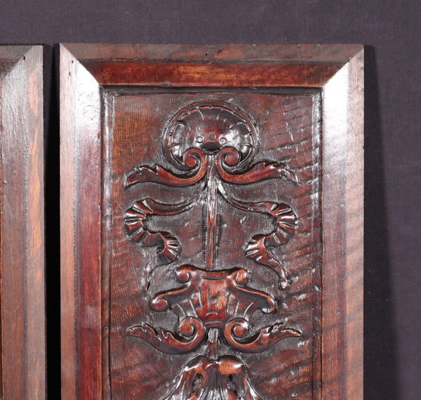 21" Tall Pair of Antique French Solid Walnut Wood Highly Carved Panels
