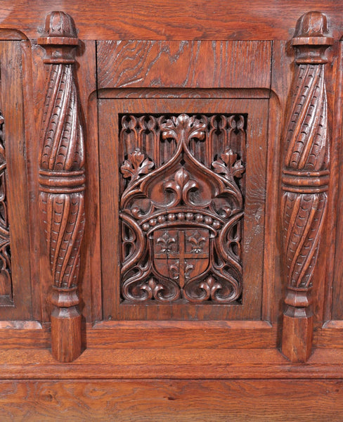 Antique French Gothic Chest/Trunk in Solid Oak Wood With Detailed Carvings