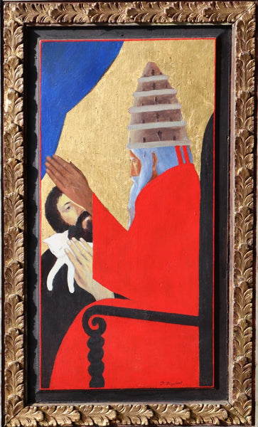 Vintage Framed Oil on Panel Painting of St Francis with Cat by Paul Bruylant