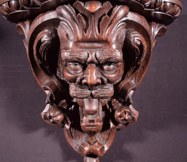 Pair of Large French Antique Lion Wall Sconces/Shelves in Solid Oak and Chestnut