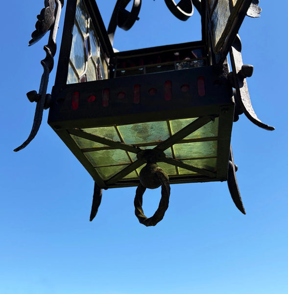 27" French Antique Gothic Iron & Stained Glass Hanging Chandelier/Pendant Lamp