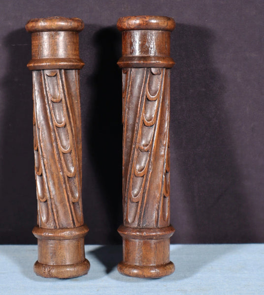 Pair of Antique French Gothic Revival Posts Carved Solid Chestnut Wood