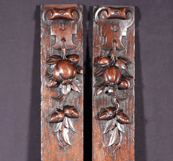 26" Tall Pair of French Antique Solid Oak Wood Highly Carved Wood Trim Posts