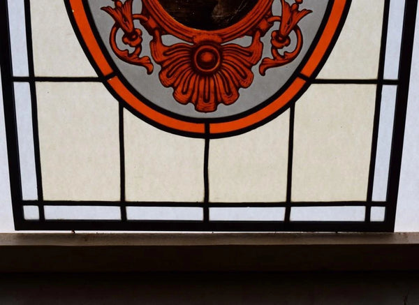 Brass Framed Antique French Stained Glass Panel with Mountain Pass Scene