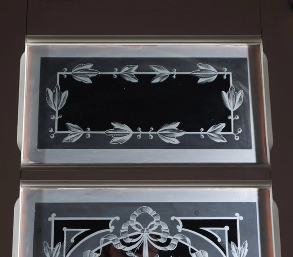 87" Tall Pair of Antique French Etched Glass Windows Frosted Glass with Flowers