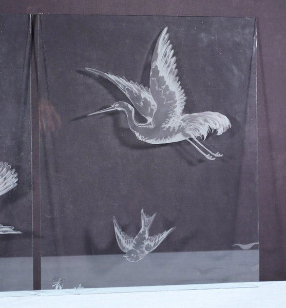 18" Tall Pair of Antique French Etched Glass Windows Frosted Glass with Birds
