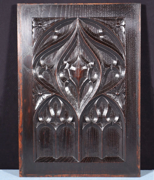 French Antique Gothic Revival Panel in Solid Chestnut Wood Salvage Late 1800's