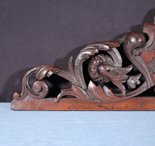 32" Wide Antique French Solid Oak Wood Highly Carved Detailed Crest