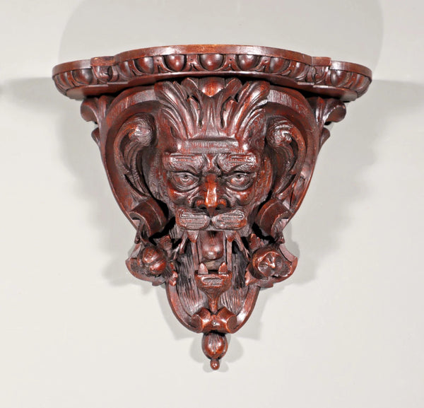 Pair of Large French Antique Lion Wall Sconces/Shelves in Solid Oak and Chestnut