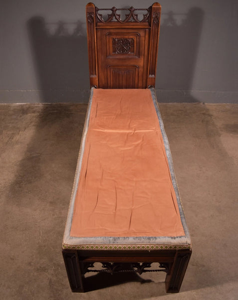74" Long French Antique Neo Gothic Day Bed Solid Walnut with Green Silk Cushions