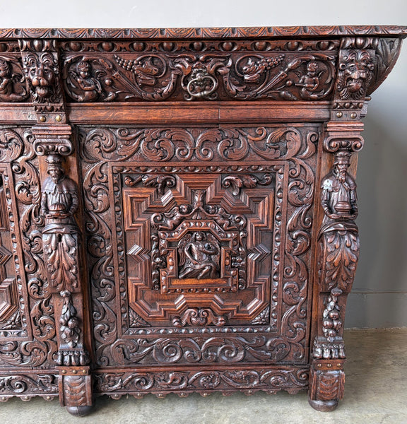 1700's Antique French Renaissance Sideboard in Solid Wood Oak Highly Carved