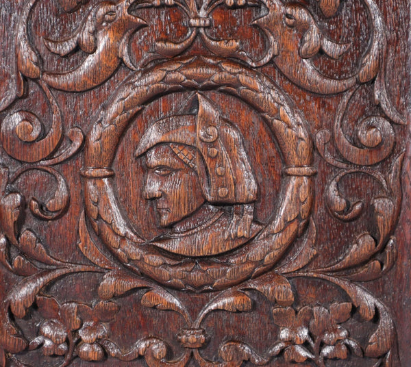 Antique French Solid Oak Highly Carved Panel with Portrait Carving Late 1800's