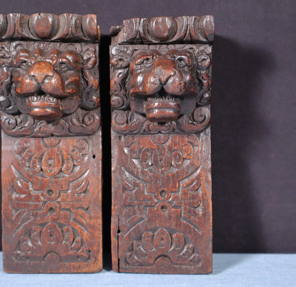 Pair of 8" French Antique Highly Carved Lion Corbels/Trim/Brackets Solid Oak