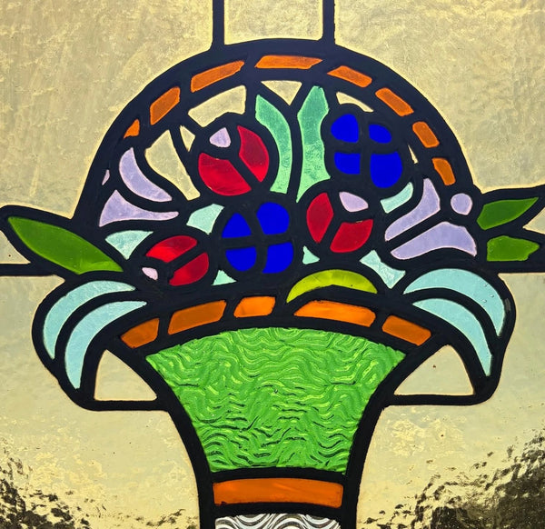 15" Tall Antique French Art Deco Stained/Leaded Glass Panel of Flowers