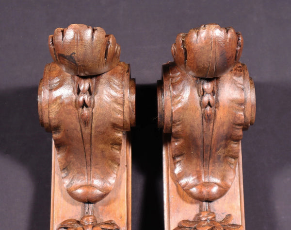 16" Pair of French Antique Solid Walnut Wood Highly Carved Posts with Flowers
