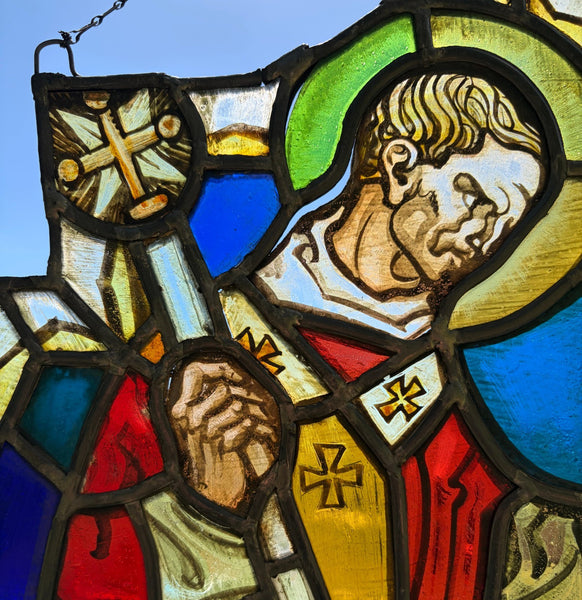 16" Tall Vintage Belgian Stained/Leaded Glass Panel of a Saint Healing the Blind