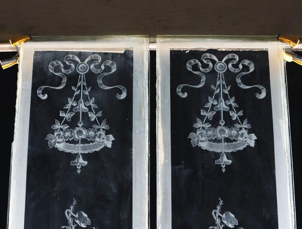 56" Tall Pair of Antique French Etched Glass Windows Frosted Glass with Flowers