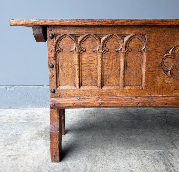 Antique French Gothic Revival Solid Oak Wood Storage Bench/Settee/Chair Rustic
