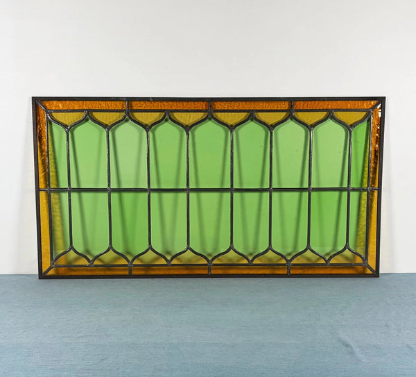 39" Wide Antique French Stained Glass Window Panel with Green & Yellow Glass