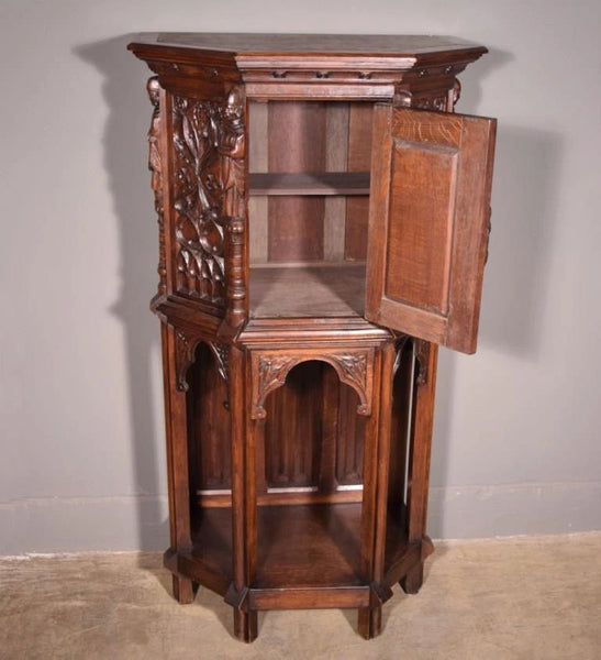 Vintage French Gothic Revival Cabinet/ Console/ Sideboard, Highly Carved Oak Wood