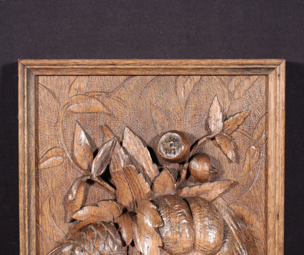 14" Tall French Antique Solid Oak Panel Highly Carved Harvest Theme