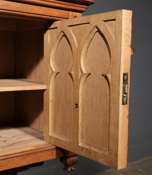 Vintage French Gothic Revival Stand, Cabinet, End Table Highly Carved Oak Wood