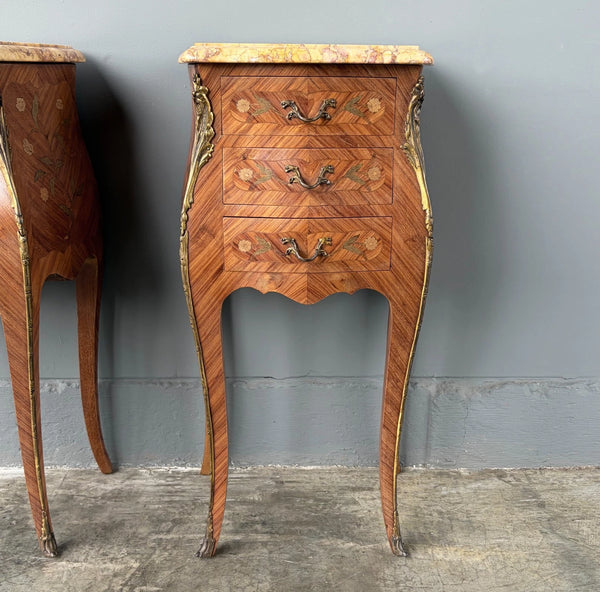 Pair of 30" Tall Antique French Louis XV Inlayed Nightstands with Marble Tops