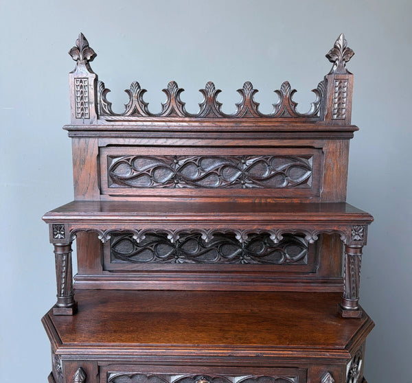 Antique French Gothic Revival Cabinet/Console/Sideboard,Highly Carved Oak