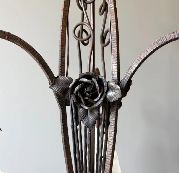 33" Tall Antique French Iron Art Deco Chandelier with Frosted Glass and Roses