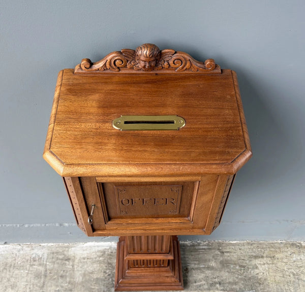 Antique French Donation Box Christianity with Angel Carvings in Solid Mahogany