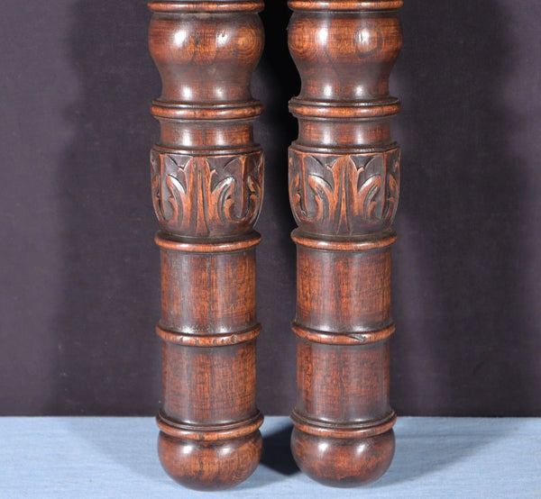 Pair of 27" Vintage French Solid Oak Wood Gothic Posts/Pillars/Columns