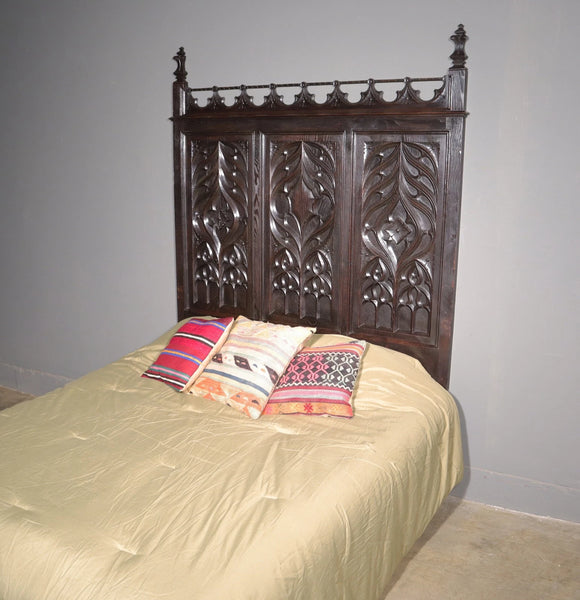 Antique French Neo Gothic Queen Sized Headboard in Solid Chestnut Wood