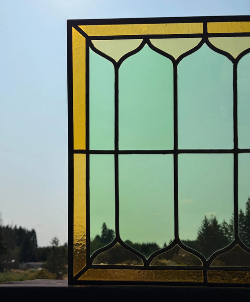 40" Wide Antique French Stained Glass Window Panel with Green & Yellow Glass