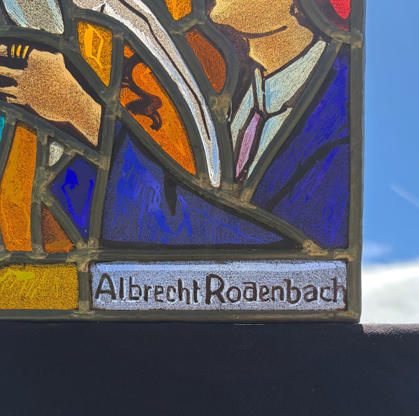 7" Tall Vintage Belgian Stained/Leaded Glass Panel Of Albrecht Rodenbach