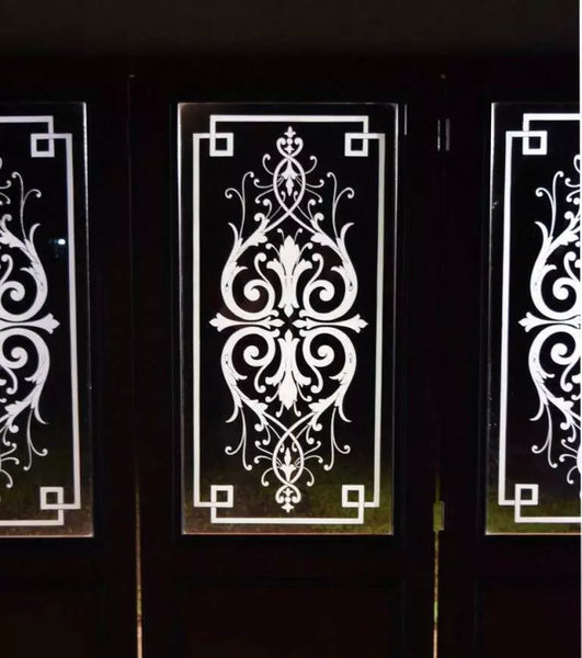 Set of 4 Antique French Etched Glass Doors Frosted Glass with Pattern