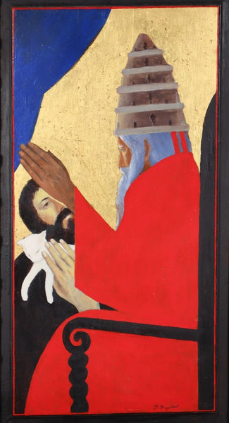 Vintage Framed Oil on Panel Painting of St Francis with Cat by Paul Bruylant