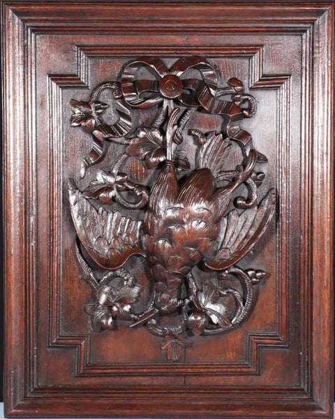24" Tall French Antique Solid Oak Panel Highly Carved Hunting Theme with Bird