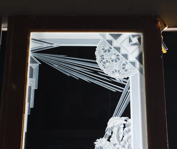 Pair of Antique French Art Deco Etched Glass Doors Frosted Glass w/Pine Frames