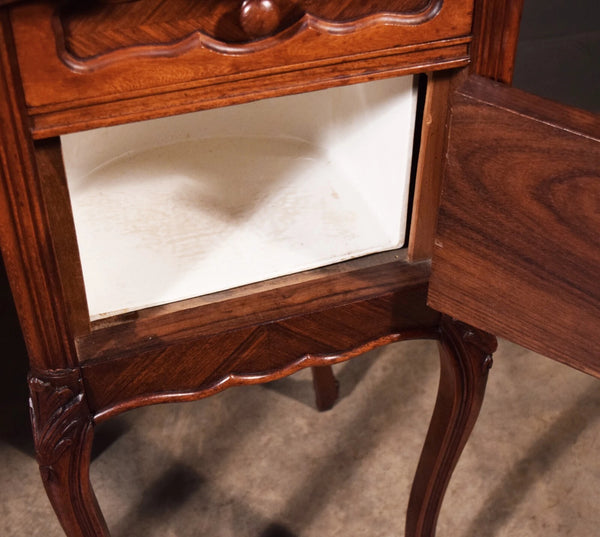 Pair of Antique French Louis XV Nightstands in Walnut with Marble Tops