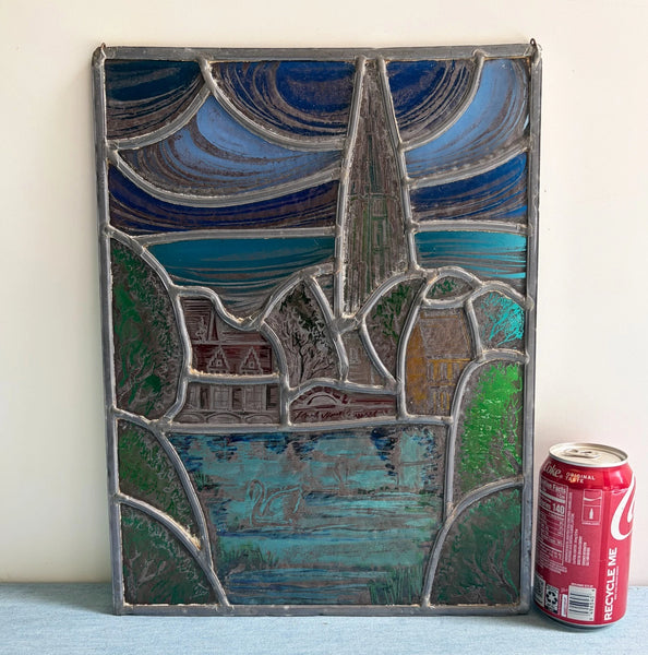 14" Tall Vintage Belgian/Flanders Stained/Leaded Glass Panel of Bruges Belgium
