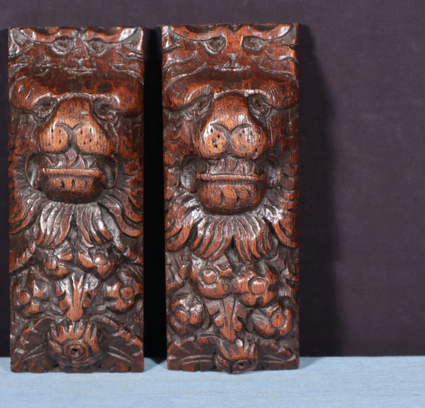 Pair of 8" French Antique Highly Carved Lion Corbels/Trim/Brackets Solid Oak