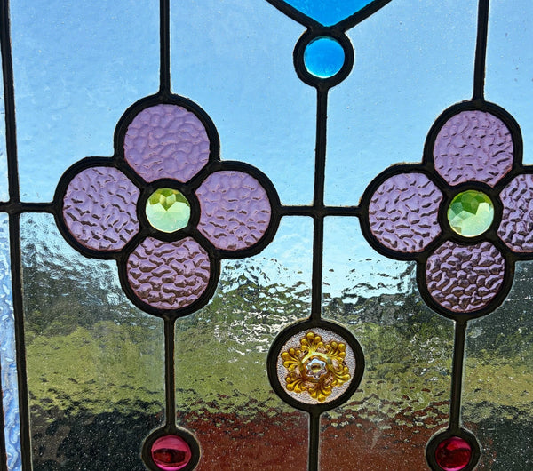 38" Tall Antique French Stained/Leaded Glass Panel w/Griffin and Uranium Glass