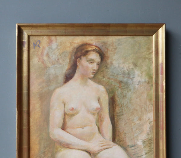 Large Framed Vintage Oil on Canvas Painting of a Nude Woman