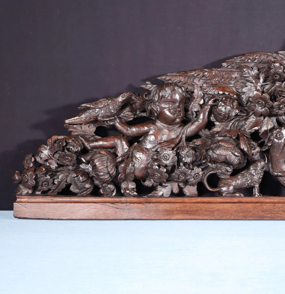 62" Wide XL Antique French Solid Oak Wood Highly Carved Crest with Bird