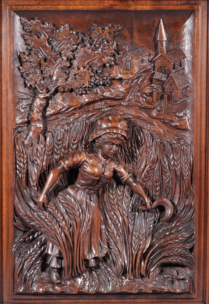Antique French Solid Walnut Wood Highly Carved Panel w/Woman Harvesting Wheat