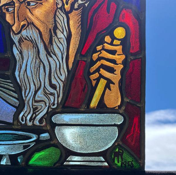 13" Tall Vintage Belgian Stained/Leaded Glass Panel Of an Alchemist by AR 1956