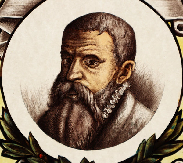 13" Tall Antique French Stained/Leaded Glass Panel w/ Portrait Rembert Dodoens