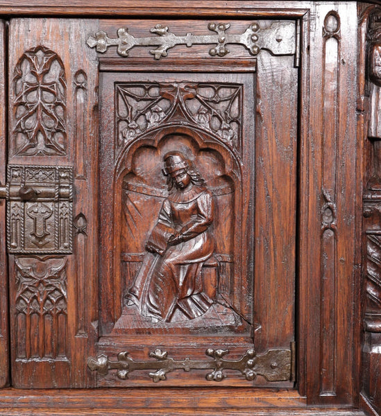 Antique French Gothic Revival Cabinet Highly Carved in Oak Wood w/Figures