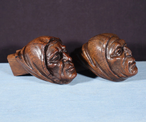 Pair of 4" Tall French Antique Highly Carved Heads in Solid Oak Wood Trim Pieces